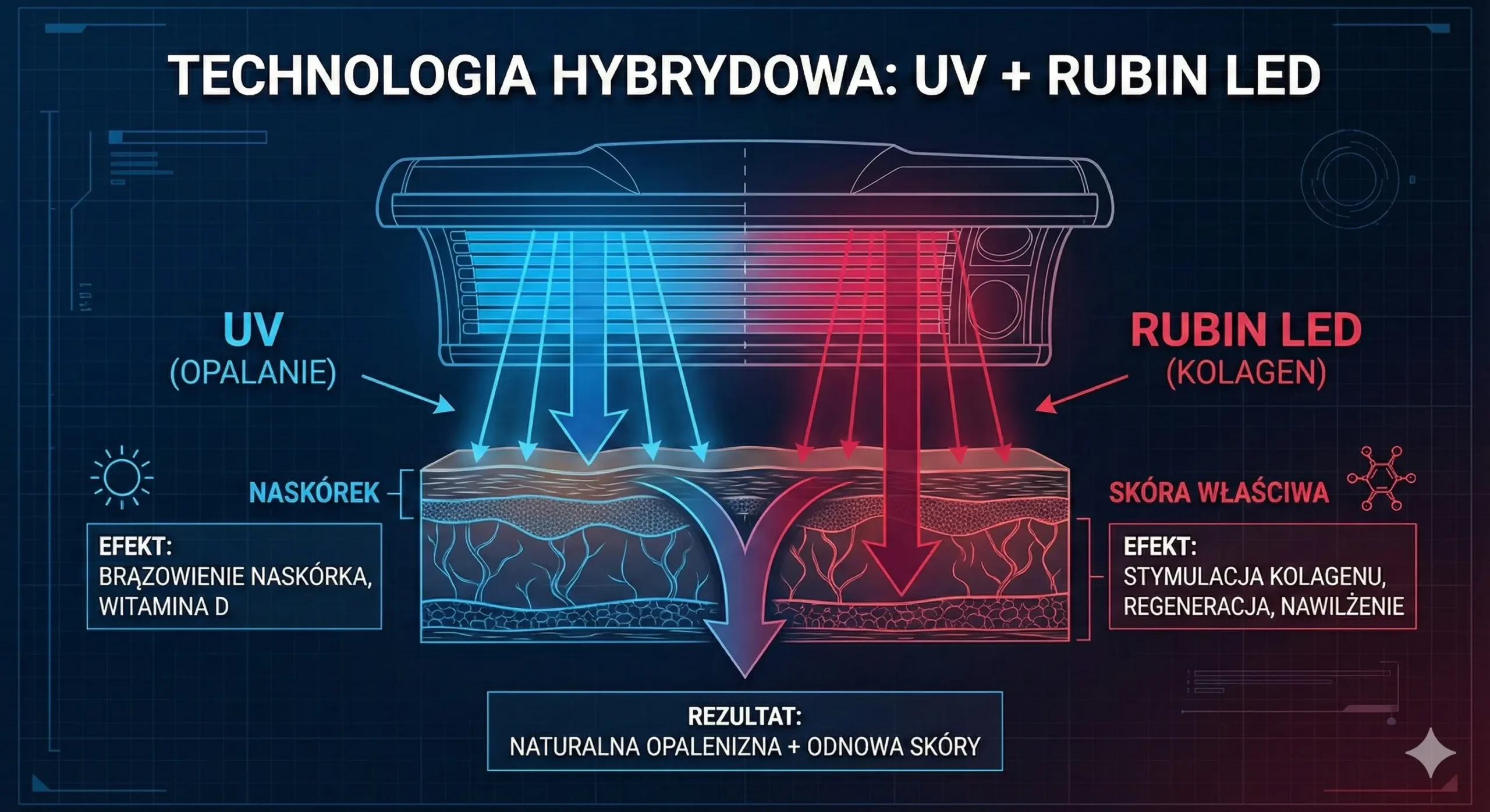 Infografika przedstawiająca łóżko opalające, które emituje 2 rodzaje światła, które wnikają w skórę. Jedno niebieskie, drugie czerwone.