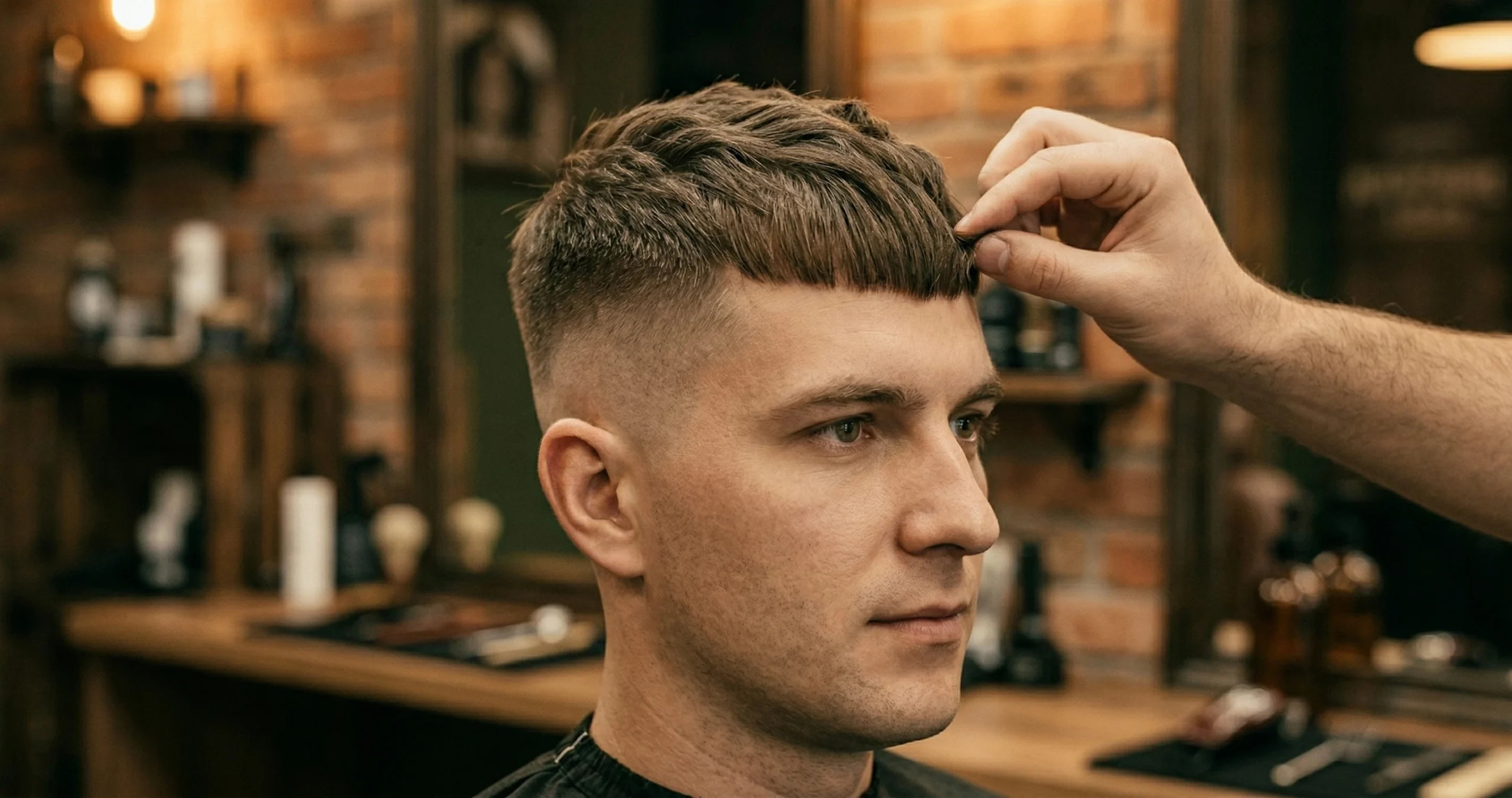 Mężczyzna z zakolami w trakcie wizyty w salonie Barber Club Woźniakowie, barber ocenia linię włosów grzebieniem
