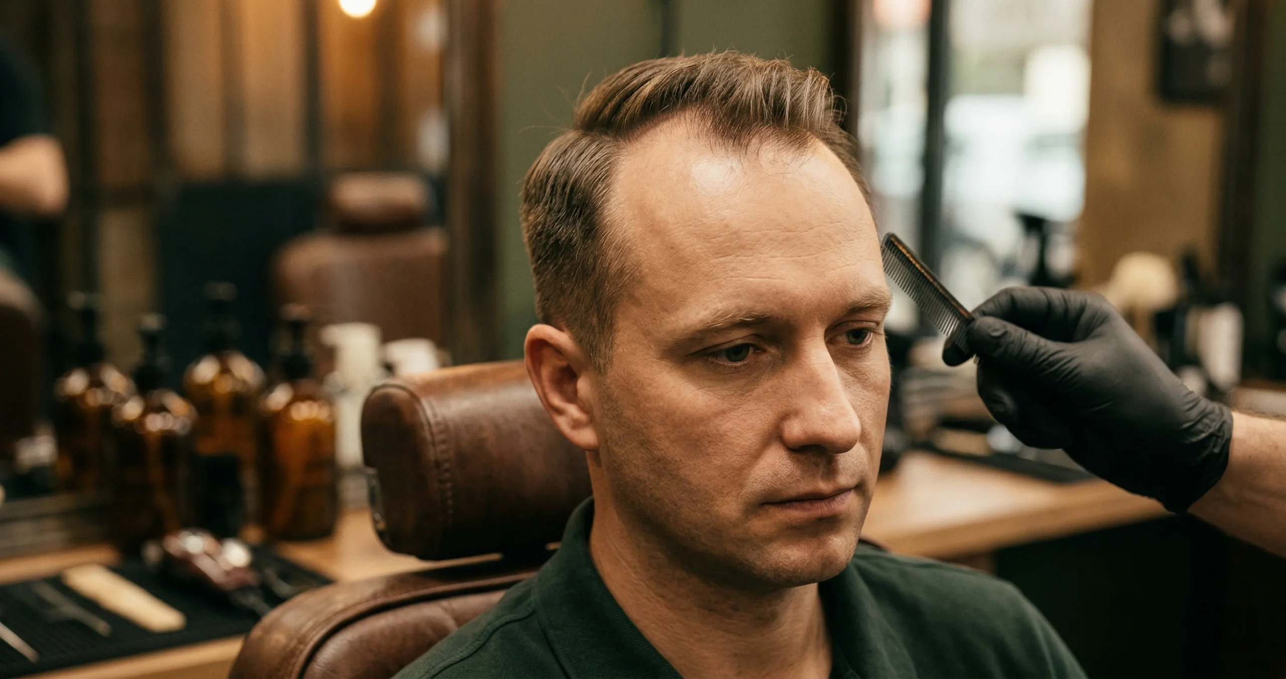 Mężczyzna z zakolami w trakcie wizyty w salonie Barber Club Woźniakowie, barber ocenia linię włosów grzebieniem